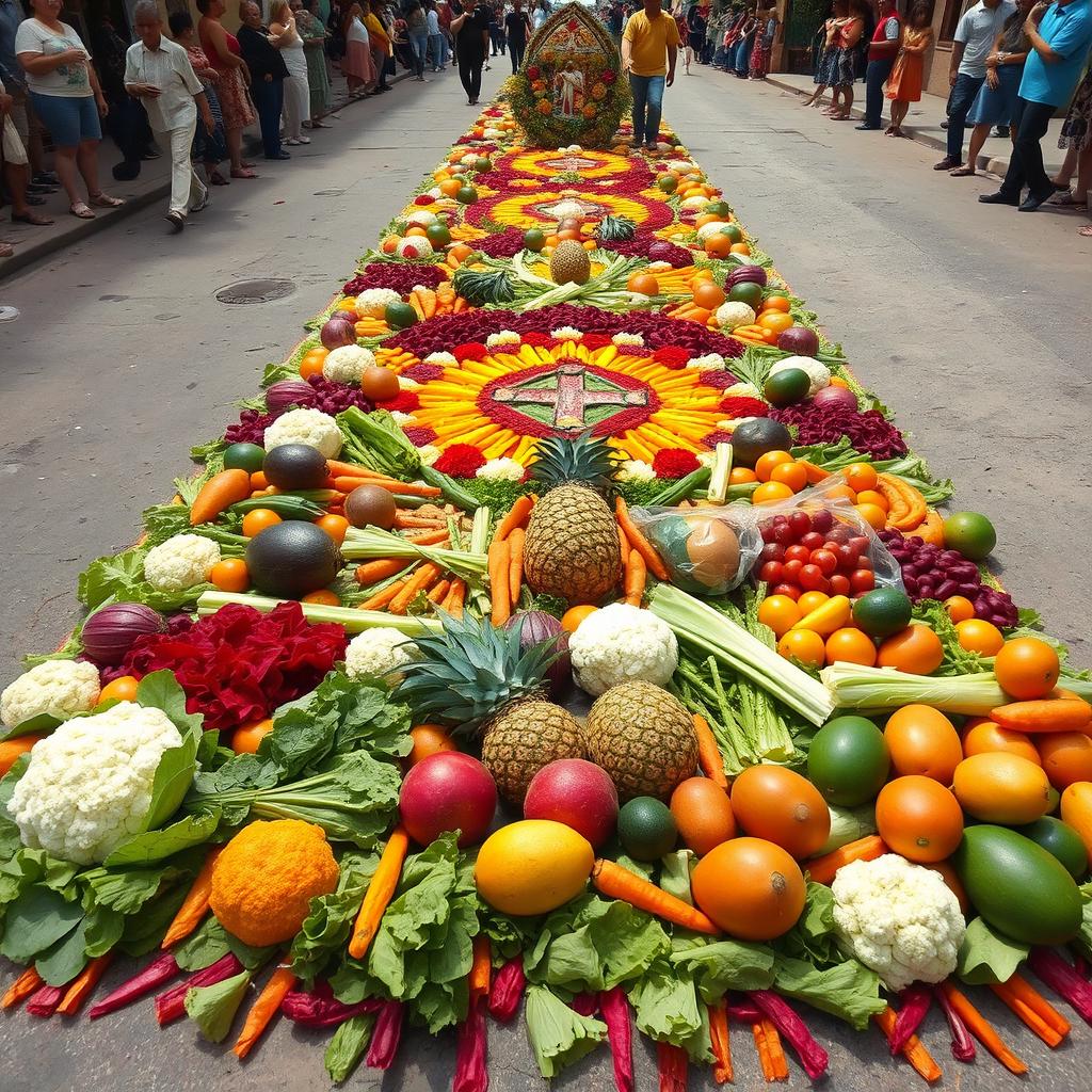A vibrant and colorful Holy Week carpet in Guatemala, made with fresh vegetables including cabbage, lettuce, cauliflower, beetroot, carrot, celery, watermelon, pineapple, melon, papaya, and mango