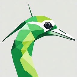 Create an intense side view of a green crane's head drawn using geometric shapes, portraying it as fierce and ready for a fight.