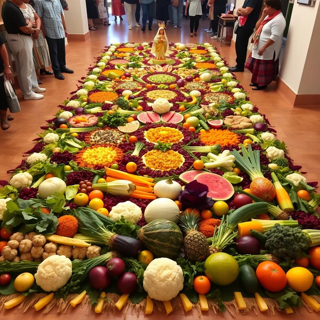 An elaborate Semana Santa carpet from Guatemala designed using various vegetables and fruits, including cabbage, lettuce, cauliflower, beetroot, carrot, celery, watermelon, pineapple, melon, papaya, and mango