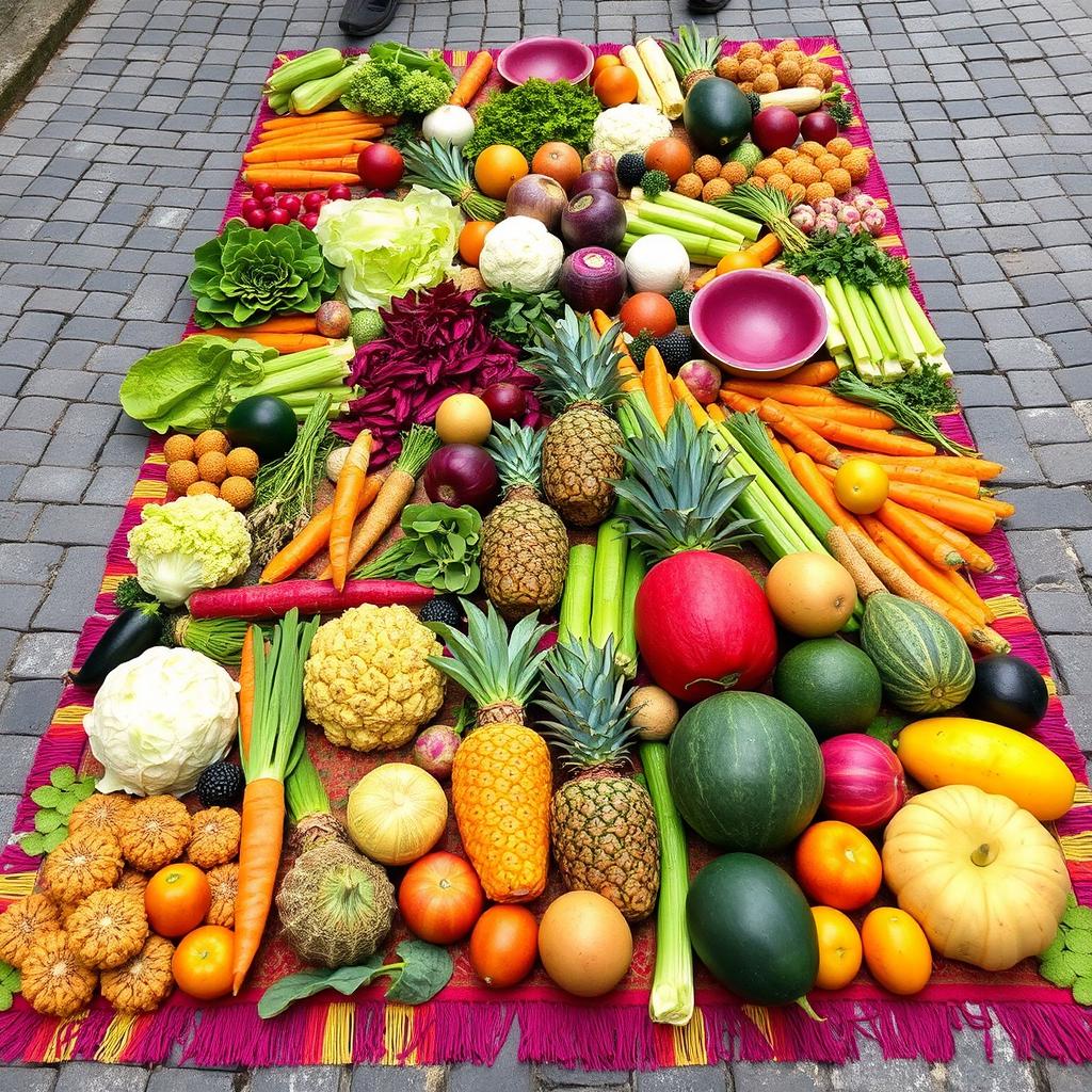 A vibrant and colorful Semana Santa carpet from Guatemala, intricately designed with a variety of vegetables and fruits including cabbage, lettuce, cauliflower, beetroot, carrot, celery, watermelon, pineapple, melon, papaya, and mango