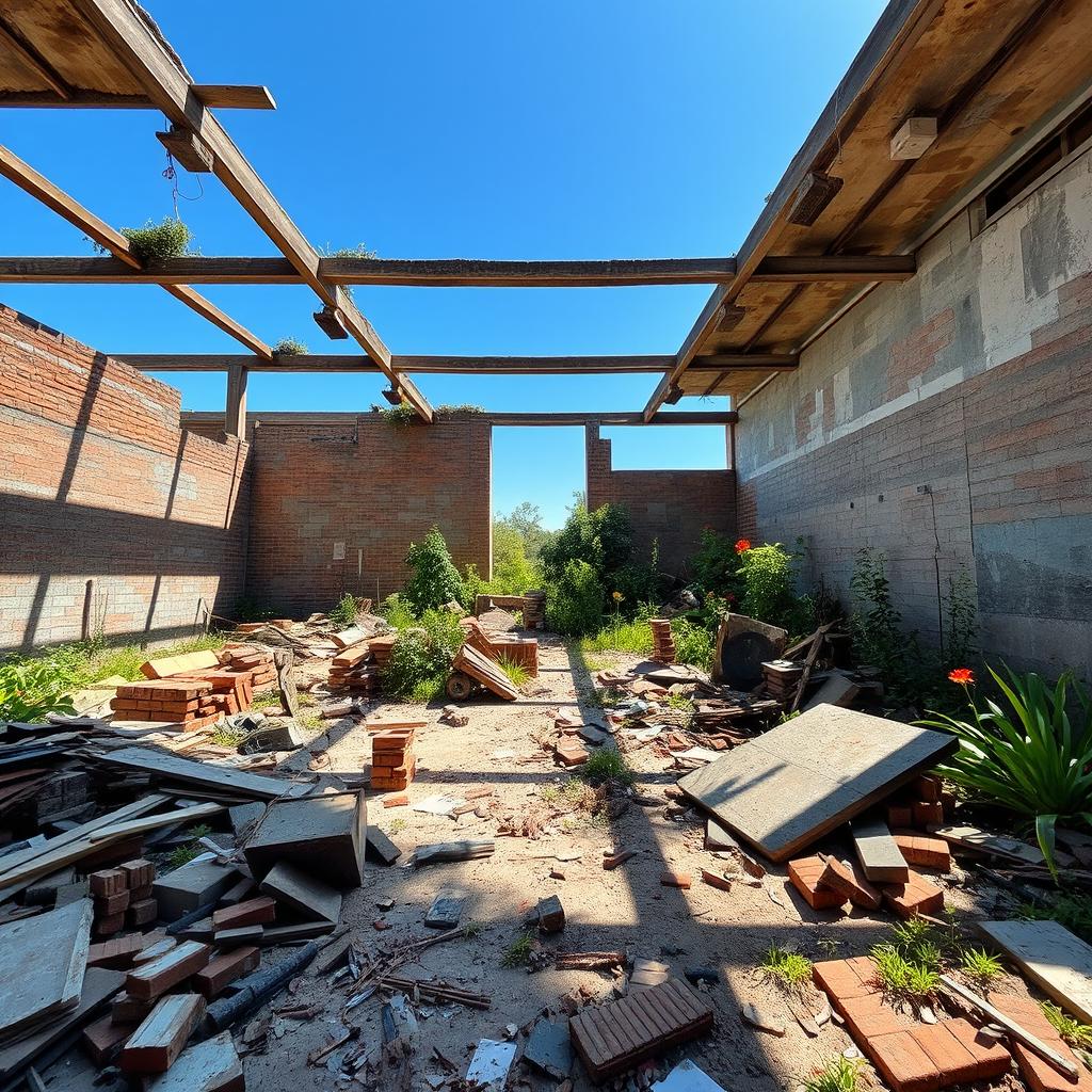 A spacious room with no walls or ceiling, revealing a stunning view of a clear blue sky overhead