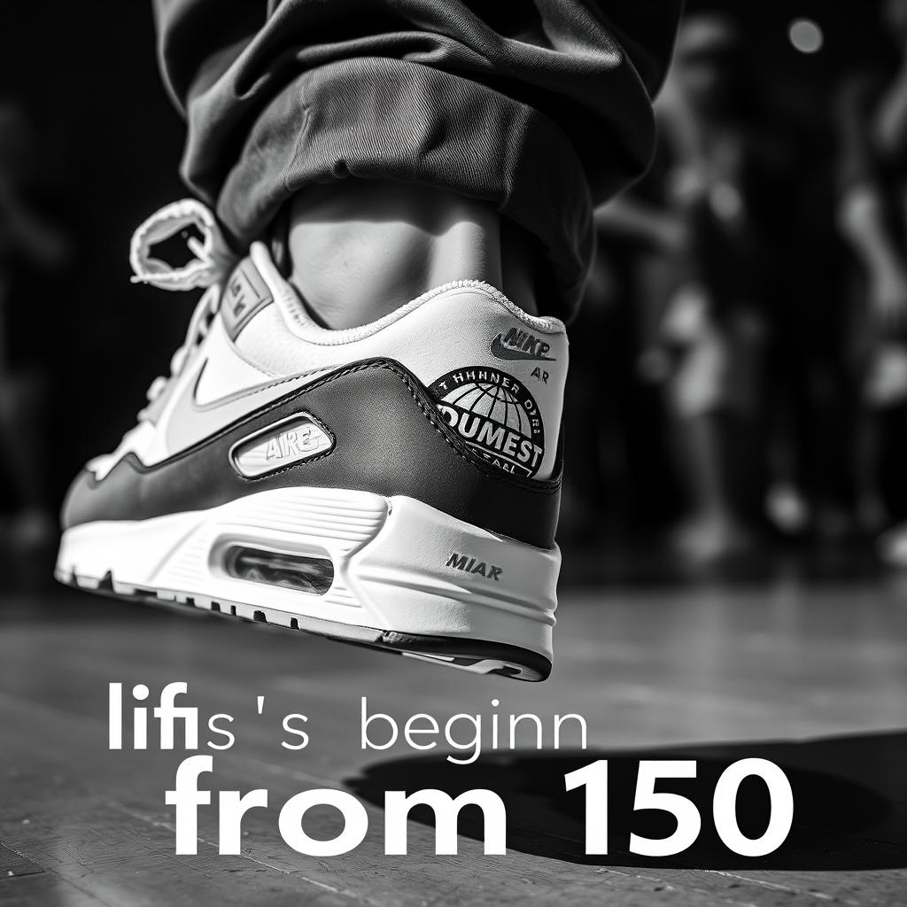 A close-up, mid-dance shot featuring a stylish Air Max sneaker with the Thunder Dome festival logo prominently displayed on the heel