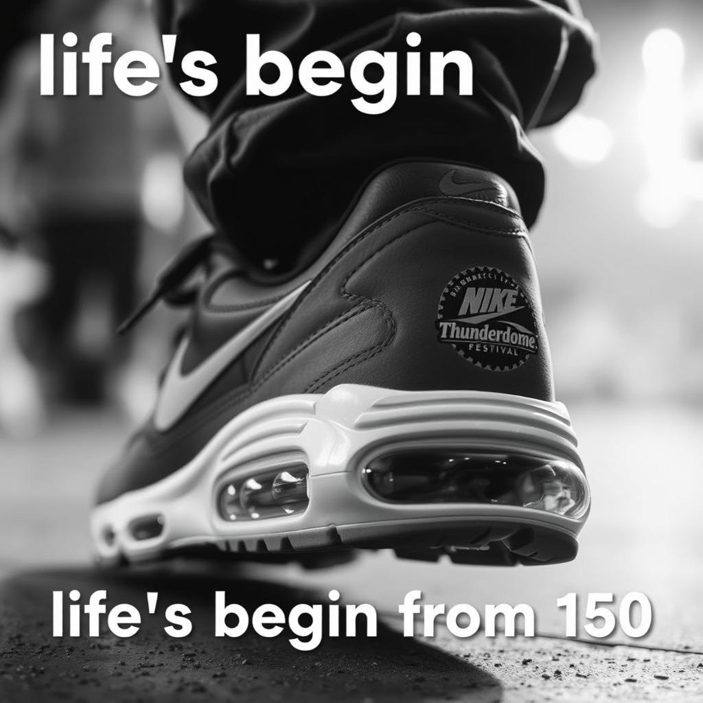 A close-up, dynamic shot focusing on an Airmax sneaker during mid-dance motion, prominently featuring the Thunderdome festival logo on the heel