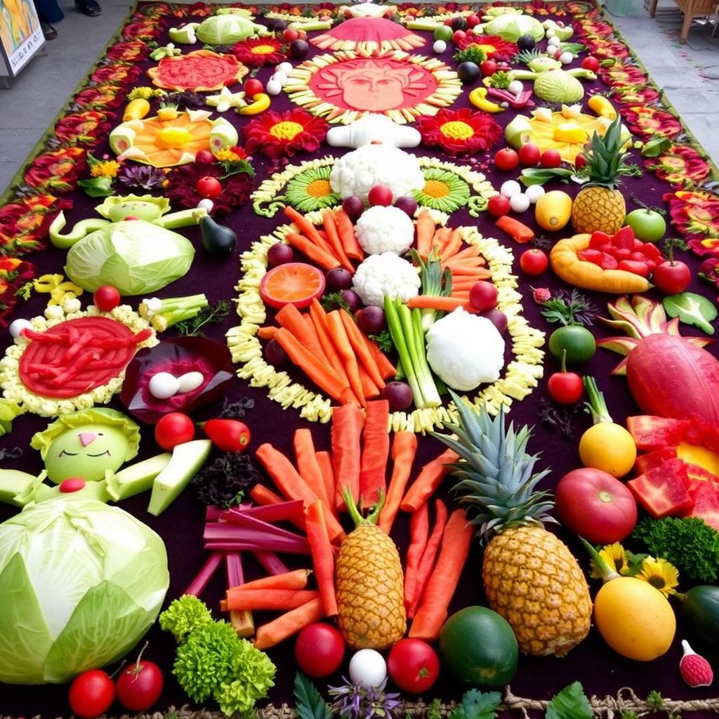 A vibrant and intricate Semana Santa carpet from Guatemala, measuring 30 centimeters in width and 14 meters in length