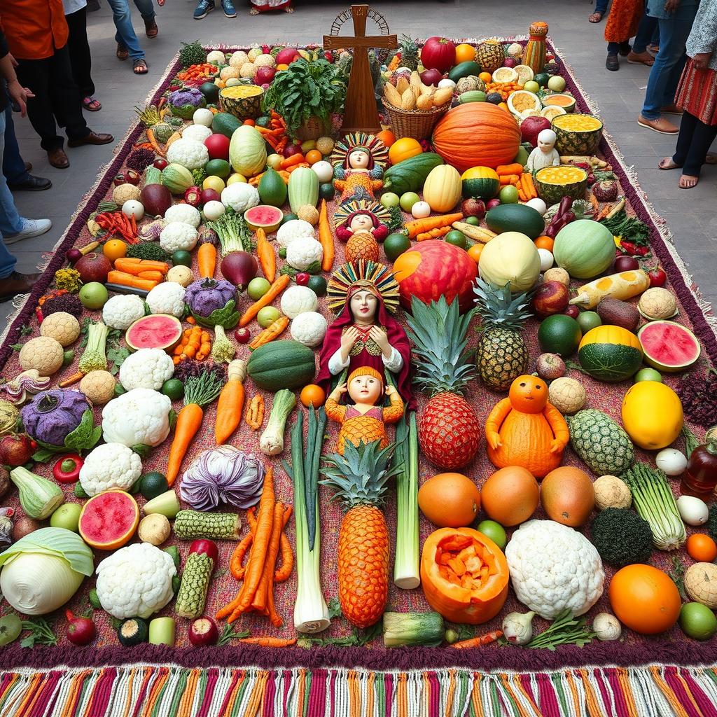 A vibrant and intricate Semana Santa (Holy Week) carpet created in Guatemala, showcasing detailed figures made from an array of vegetables including cabbage, lettuce, cauliflower, beetroot, carrot, celery, watermelon, pineapple, melon, papaya, and mango