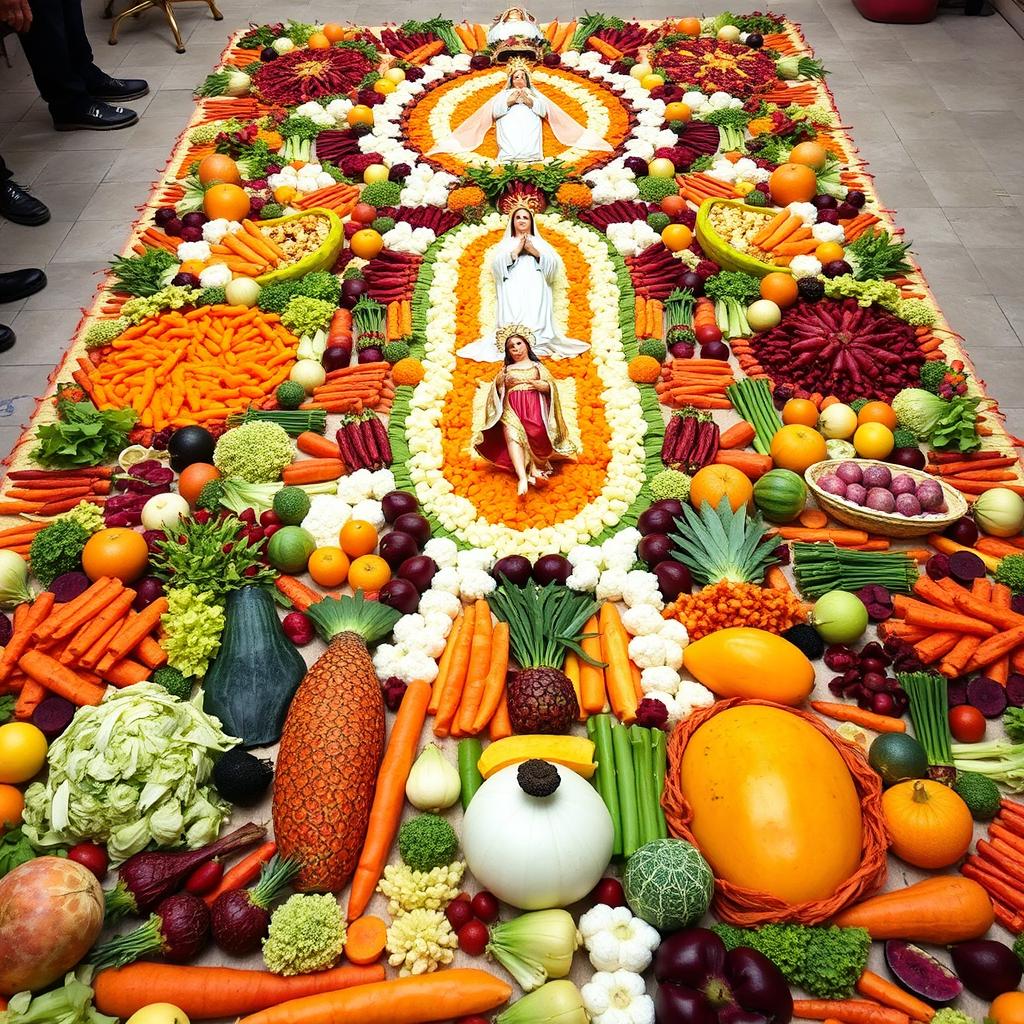 A stunning and colorful Semana Santa carpet from Guatemala, measuring 30 centimeters wide by 14 meters long