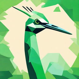 Create an intense side view of a green crane's head drawn using geometric shapes, portraying it as fierce and ready for a fight.