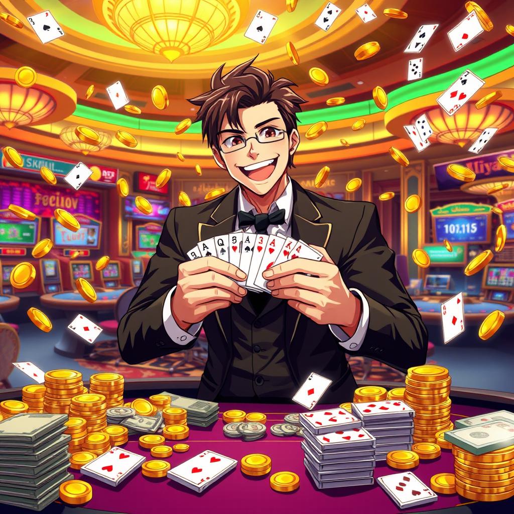 A captivating anime-style illustration featuring a victorious winner of a casino bet, with a charismatic capitalist character dealing the cards