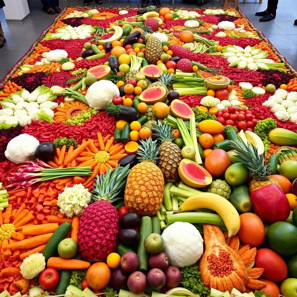 A vibrant and intricate Semana Santa (Holy Week) carpet from Guatemala, made entirely from fresh vegetables
