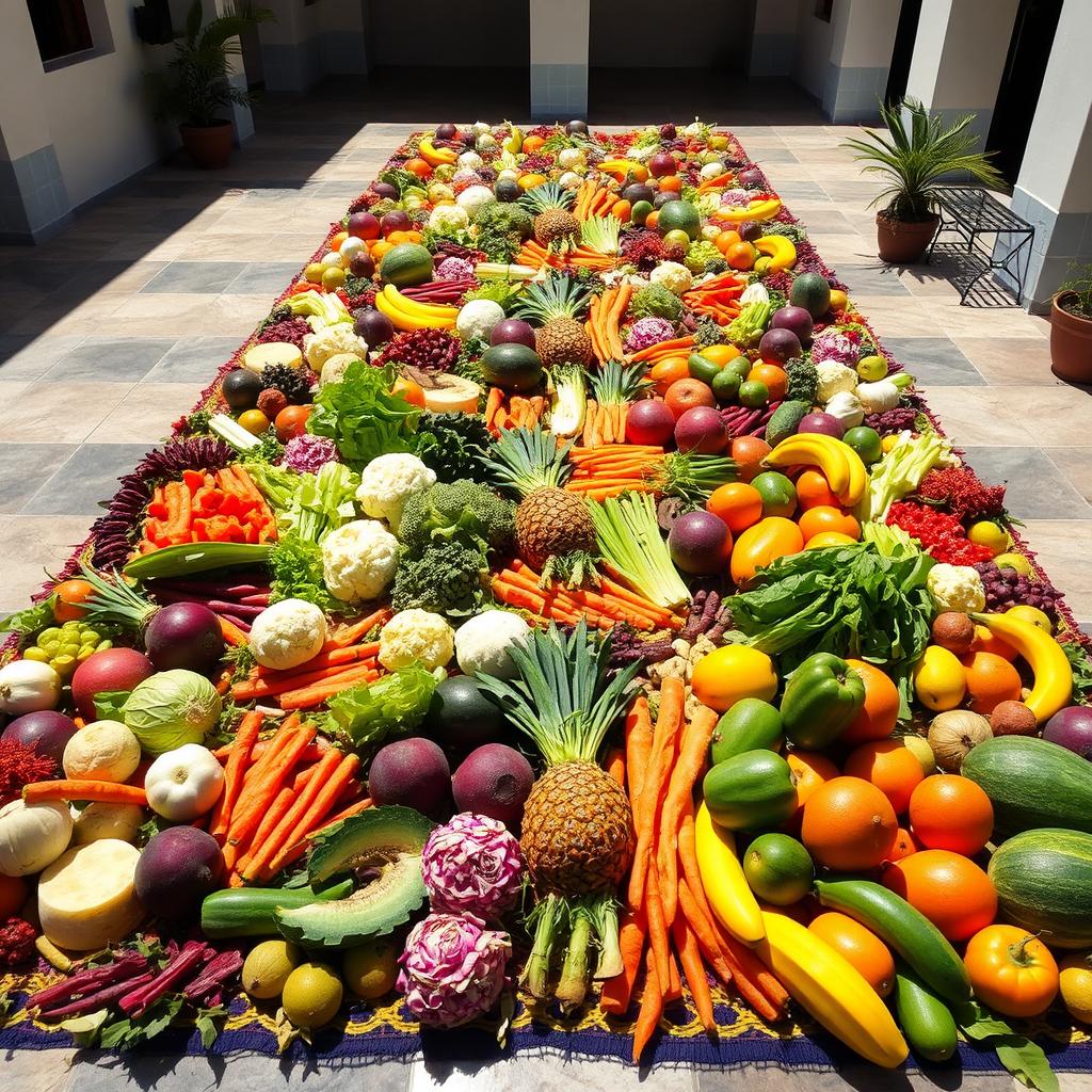 A vibrant Semana Santa carpet made entirely from fresh vegetables and fruits, including cabbage, lettuce, cauliflower, beetroot, carrots, celery, watermelon, pineapple, melon, papaya, mango, and banana