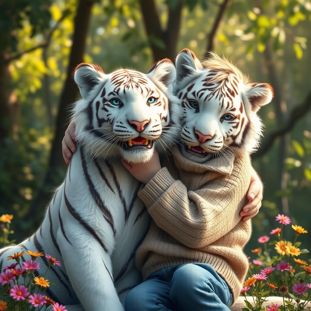A heartwarming scene featuring a white tiger giving a warm, furry hug to a young boy