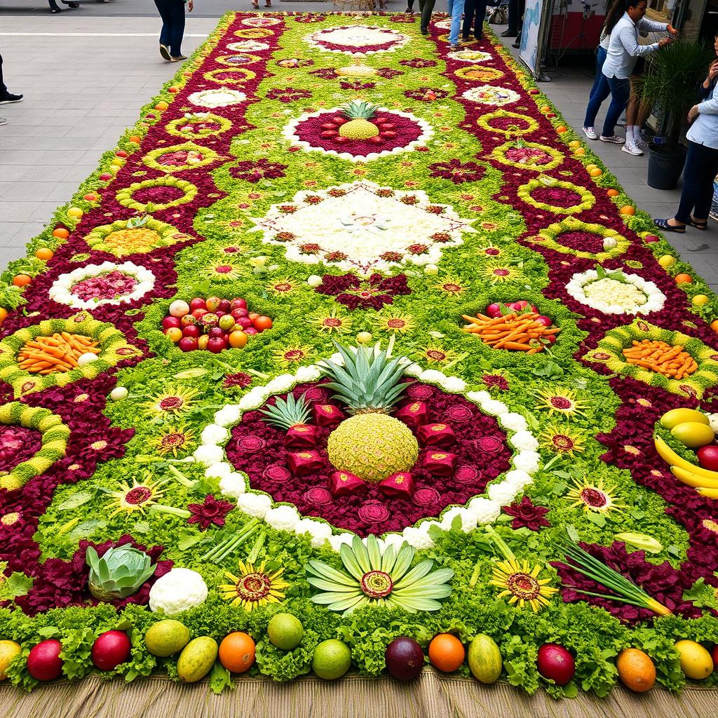 A vibrant and intricate Guatemalan Semana Santa carpet made entirely from fresh vegetables and fruits