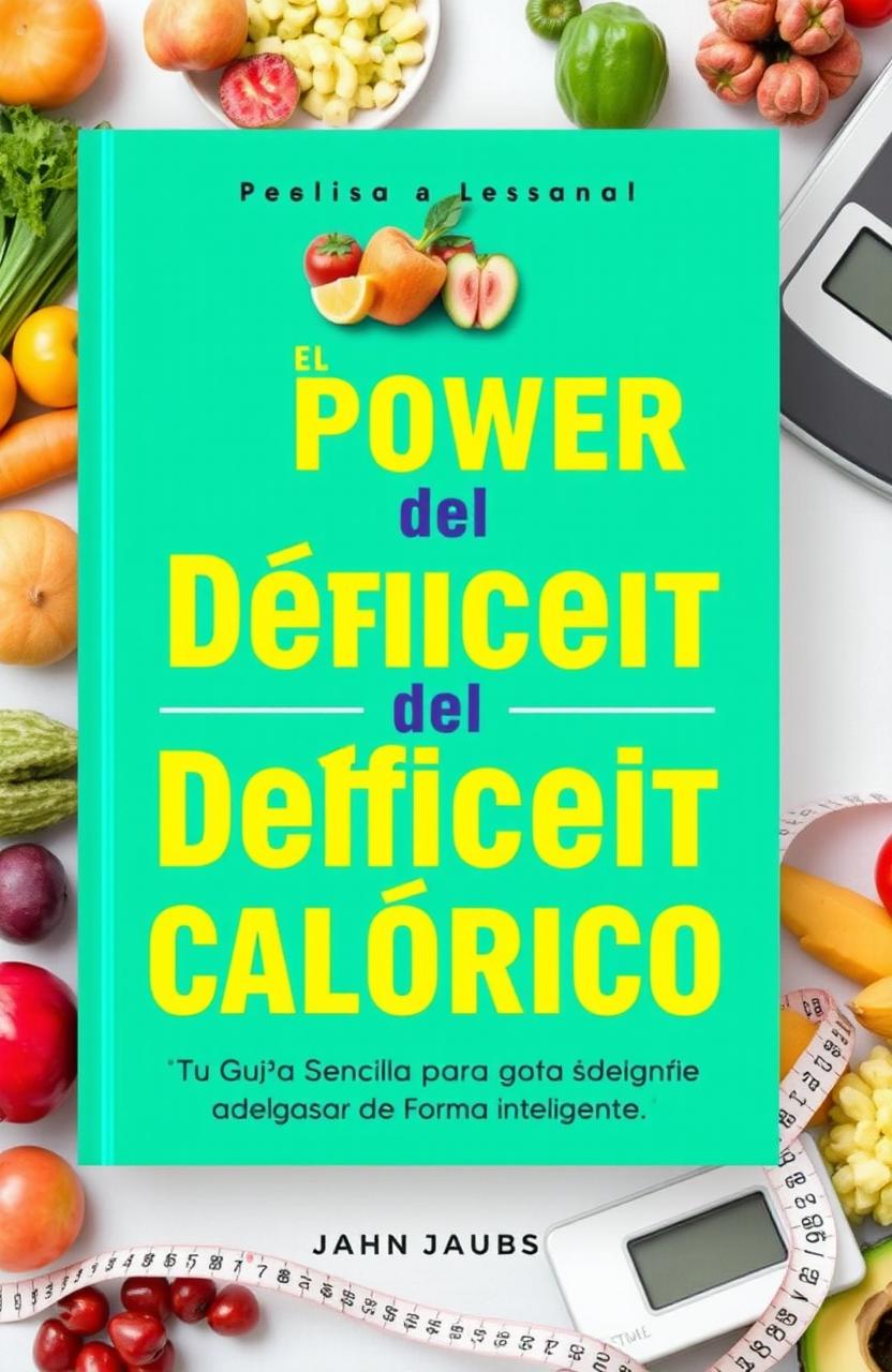 An informative and visually appealing guide cover for a weight loss book titled 'El Poder del Déficit Calórico'