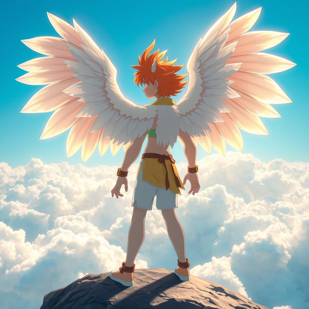 A dynamic character standing confidently, featuring large, majestic wings extending from their back, beautifully detailed with feathers shimmering in a range of colors