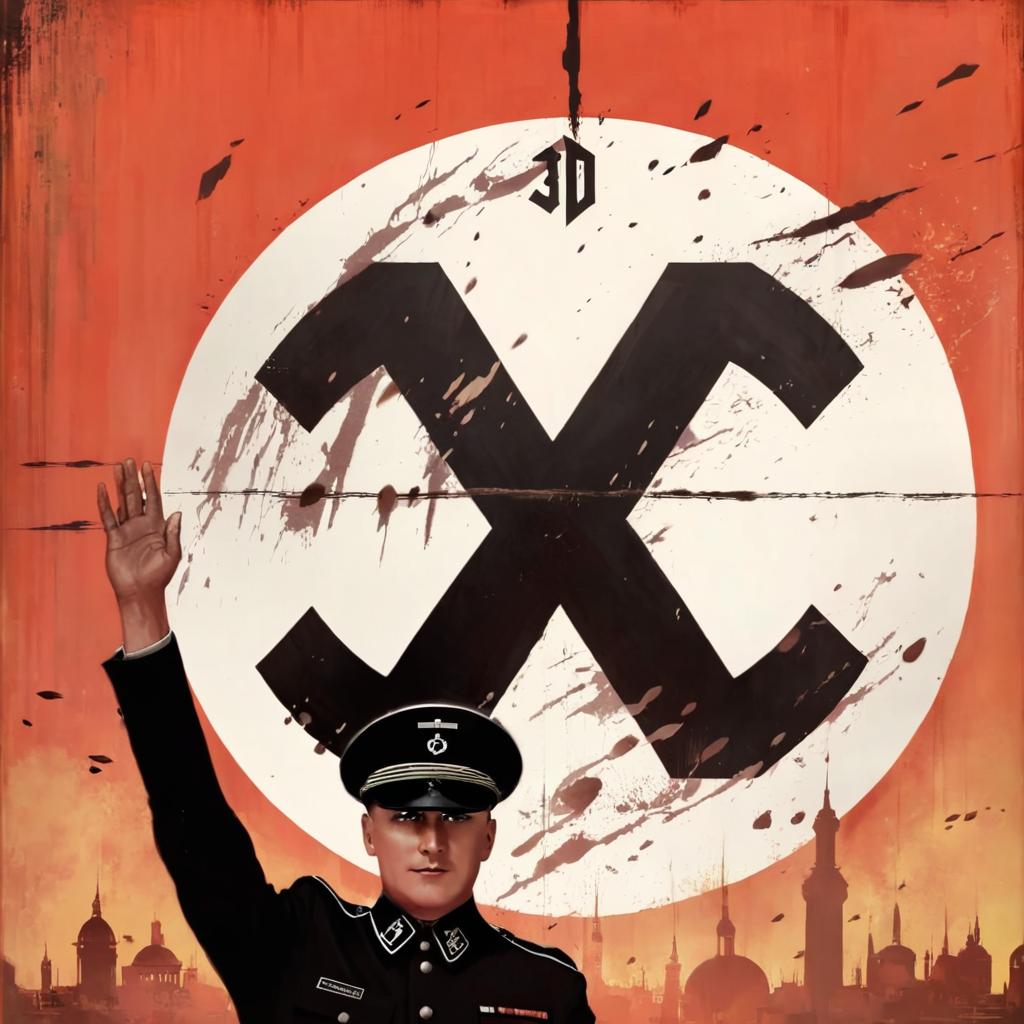 Create a 3D movie poster about the Nazis, with a Nazi officer in the center of the screen raising his arm at a 90-degree angle.