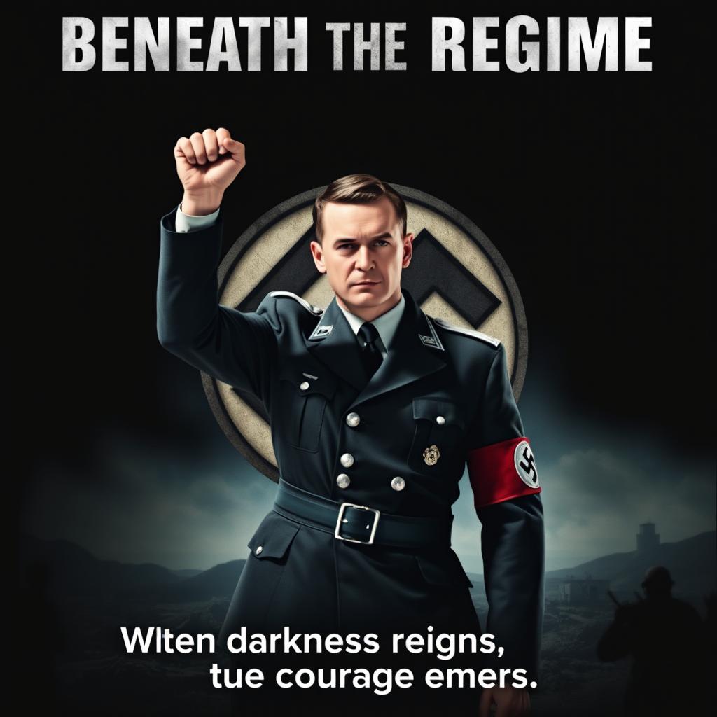 A 3D movie poster featuring a Nazi officer in the center, raising his arm at a 90-degree angle with his head tilted downward