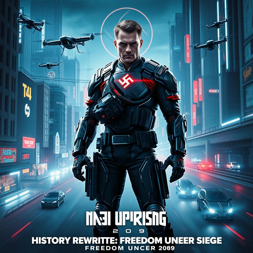 A futuristic action movie poster titled 'Nazi Uprising: 2099'