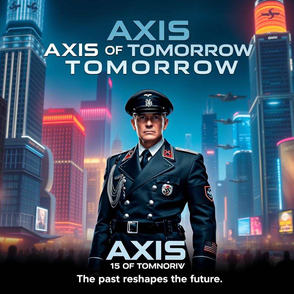 A movie poster featuring a futuristic cityscape in the background, with towering skyscrapers illuminated by neon lights