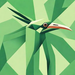 Design a striking side view of a green crane's head, utilizing geometric shapes, depicting the bird with an air of fierce determination and readiness for combat.