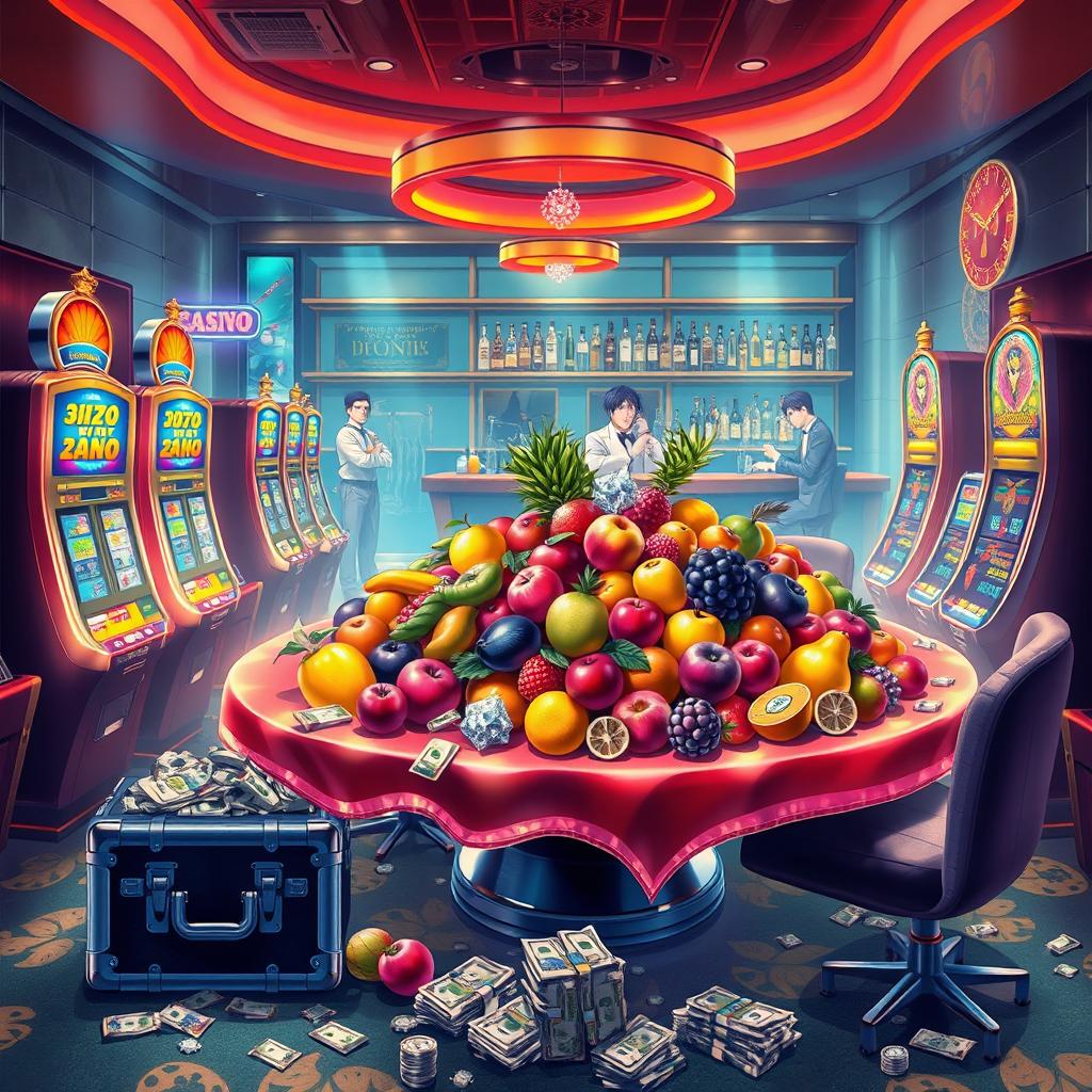A vibrant anime-style illustration depicting a lively casino interior focused on a richly adorned table overflowing with an array of colorful fruits, symbolizing abundance and indulgence