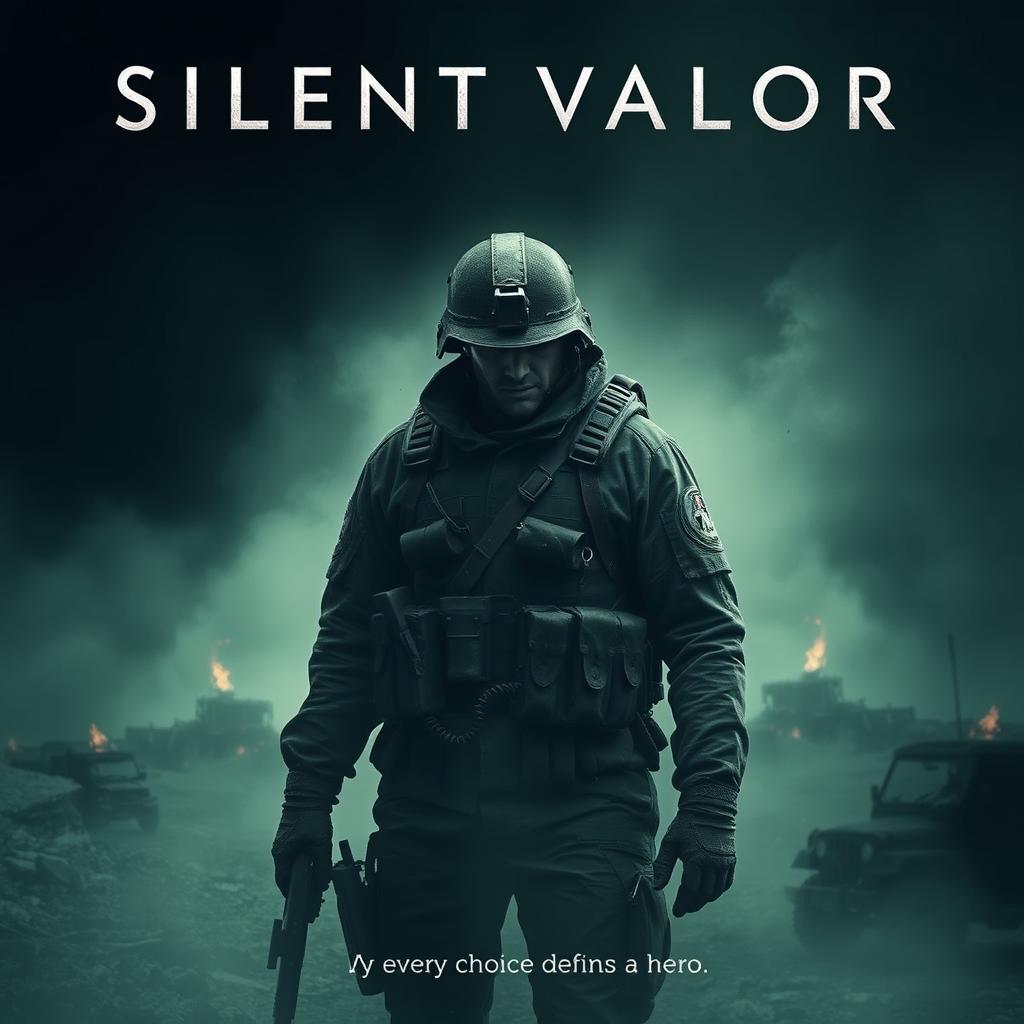 A captivating movie poster featuring a lone soldier in a mysterious, shadowy environment
