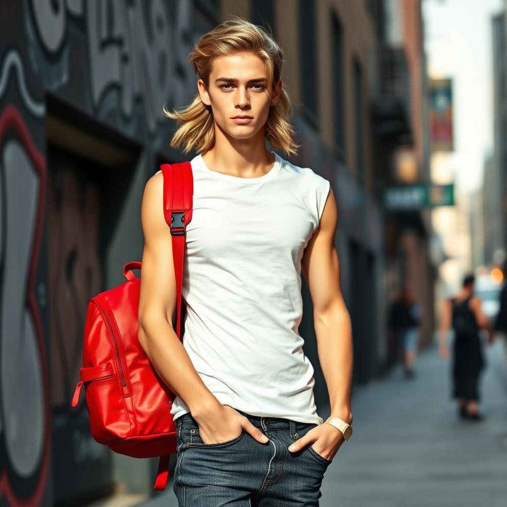 A stylish, slender young man standing confidently in an urban environment