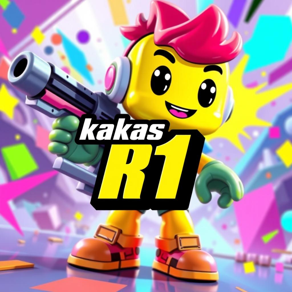 A vibrant and action-packed scene featuring a colorful cartoon character, resembling a playful toy figure, holding a futuristic-looking weapon