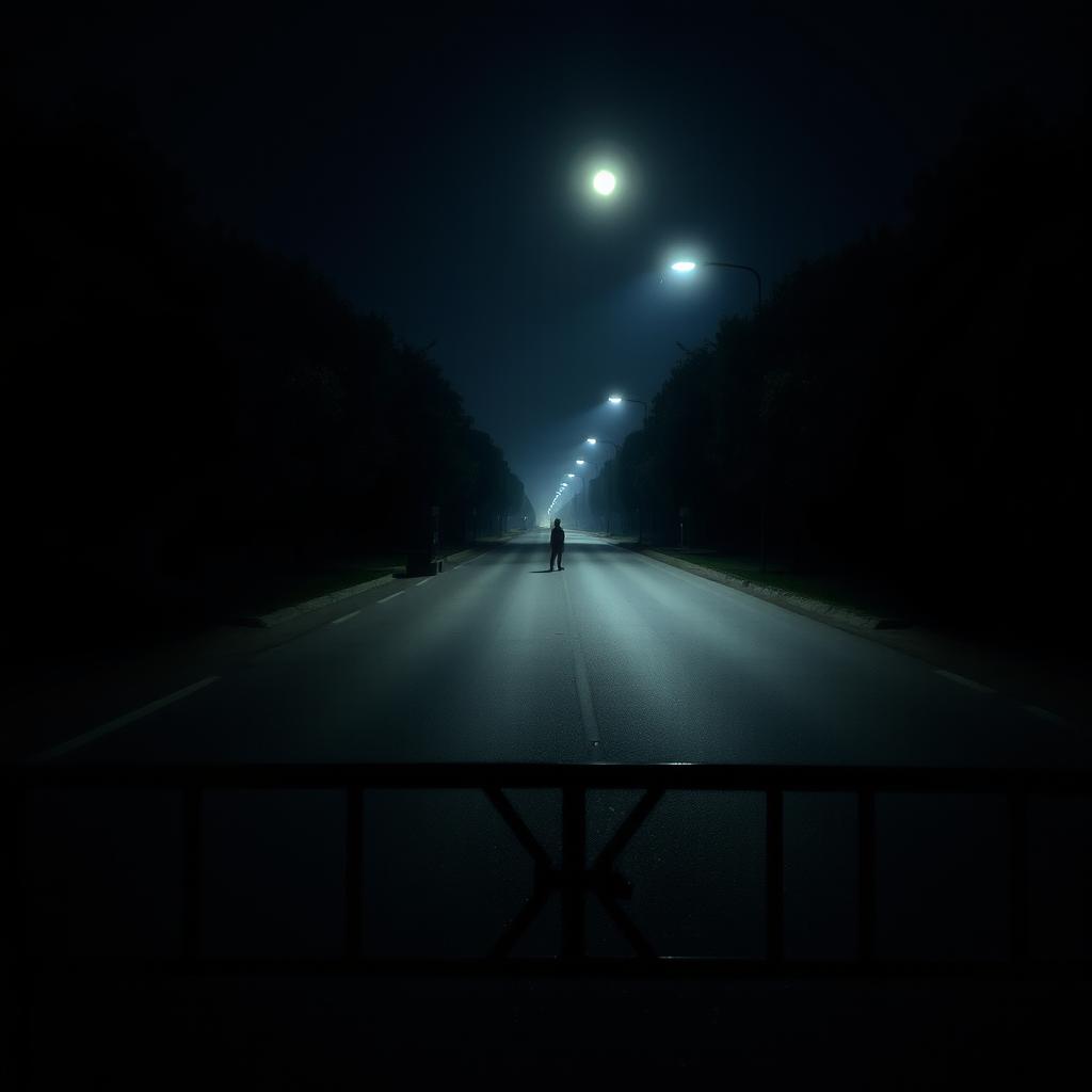 A serene night scene on an empty street, featuring a distant silhouette of a person standing alone