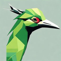 Design a striking side view of a green crane's head, utilizing geometric shapes, depicting the bird with an air of fierce determination and readiness for combat.