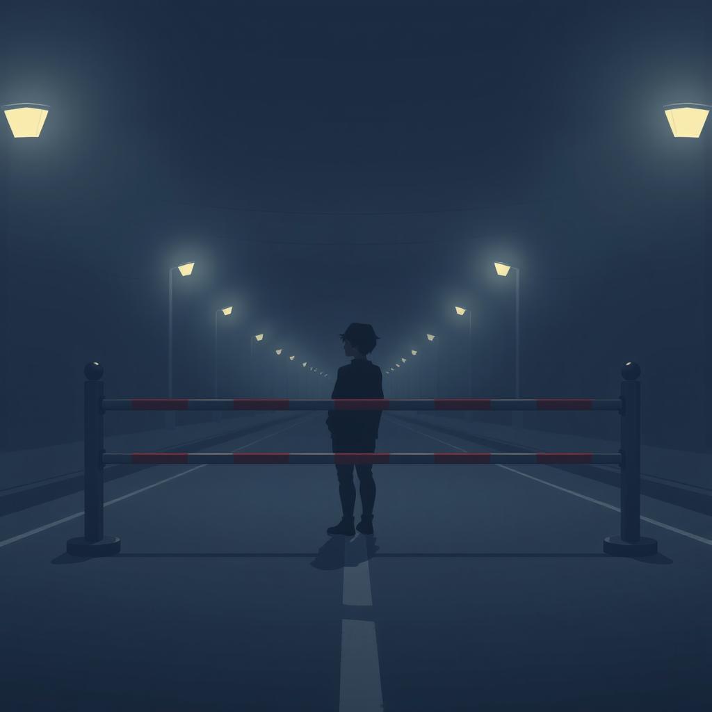A serene night scene on an empty street featuring a silhouette of a person standing alone