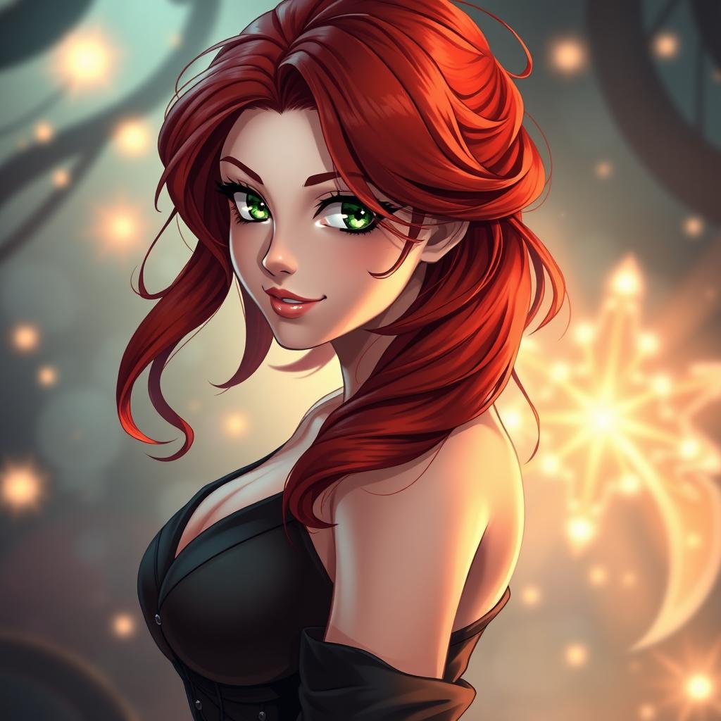 A woman with striking red hair styled in long, cascading waves, reminiscent of Rias Gremory from the anime series
