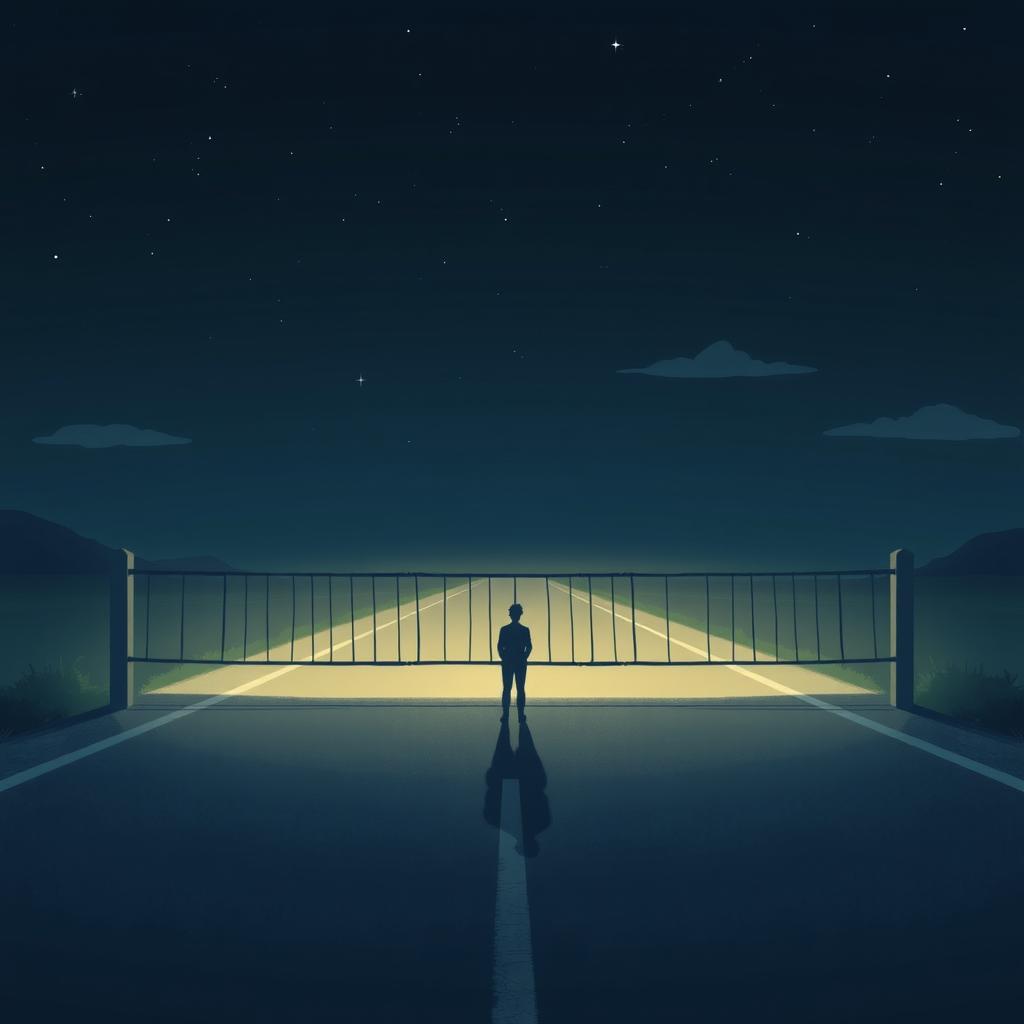 A night scene on an empty road illuminated by a gentle glow, featuring the silhouette of a person standing still