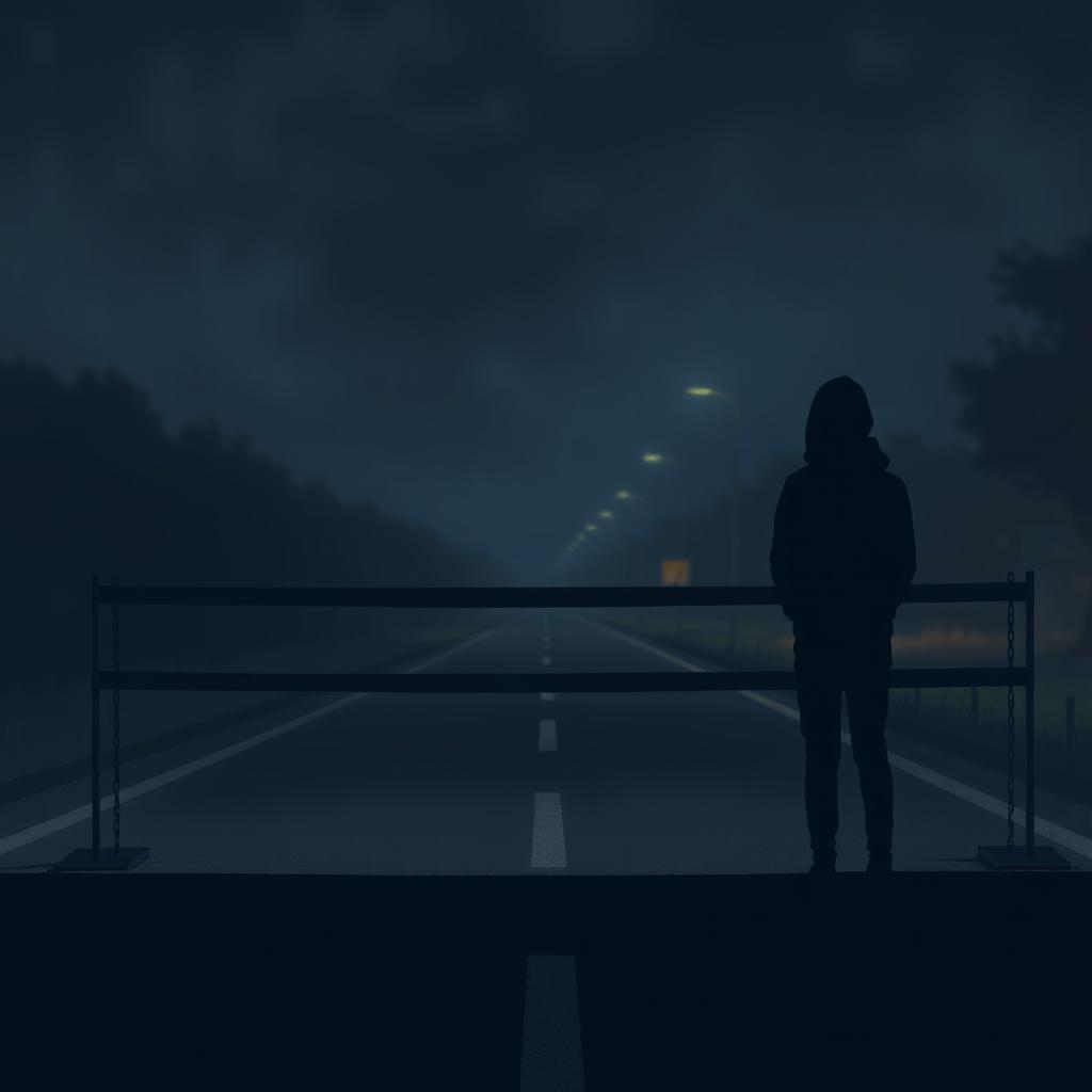 A night scene on an empty road with a person's silhouette standing calmly