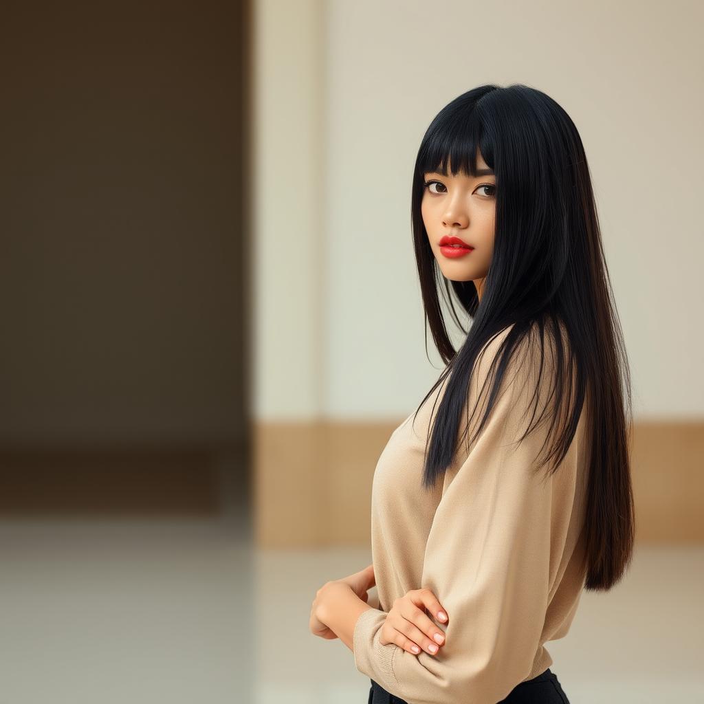 A stunning model with straight black hair standing gracefully