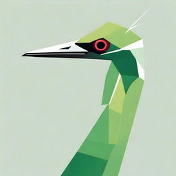 Design a striking side view of a green crane's head, utilizing geometric shapes, depicting the bird with an air of fierce determination and readiness for combat.