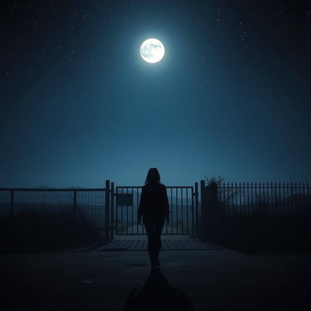 A serene and quiet night scene featuring the silhouette of a person walking away from the viewer