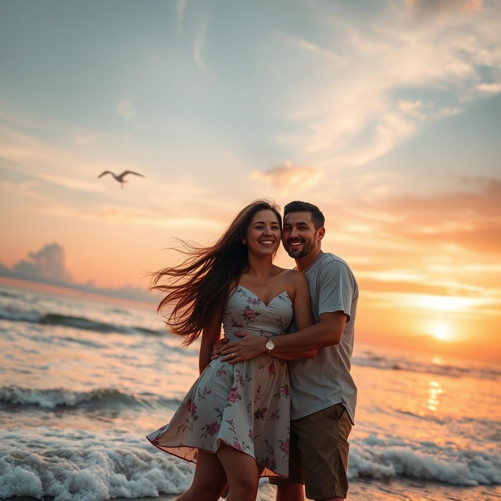 A romantic scene featuring a couple enjoying a warm sunset on a beach