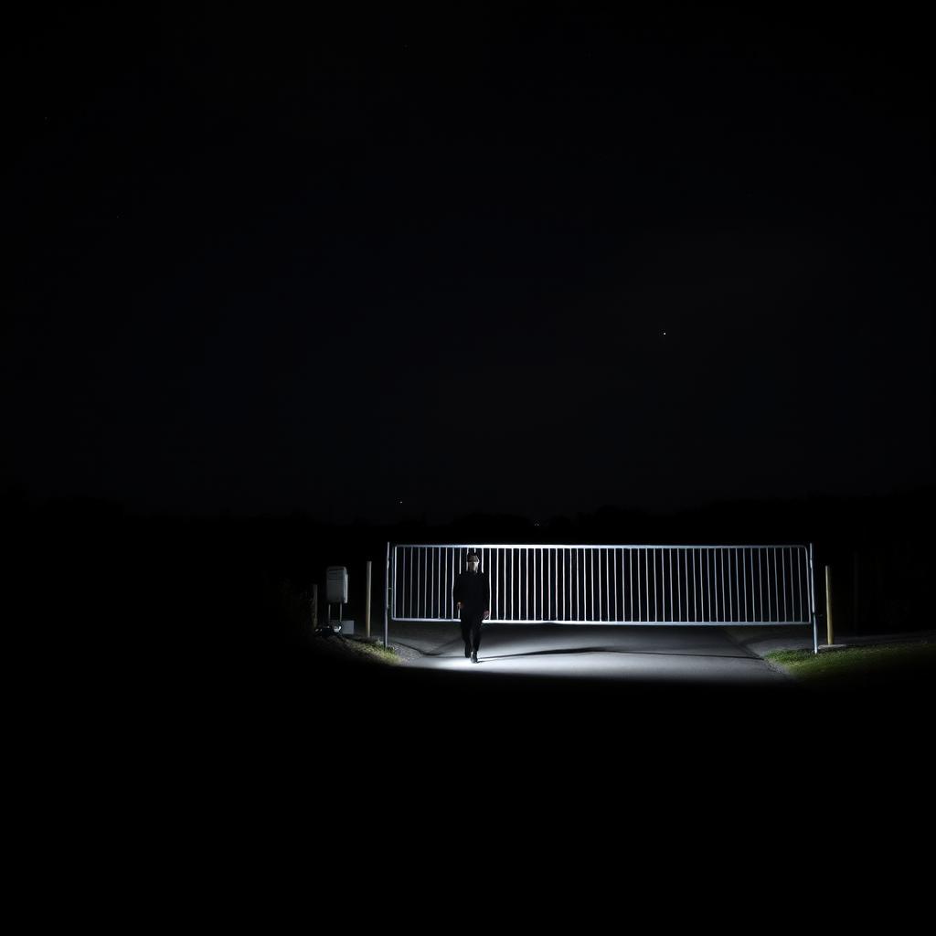 A serene night scene on a quiet road, featuring the silhouette of a solitary figure walking away into the distance