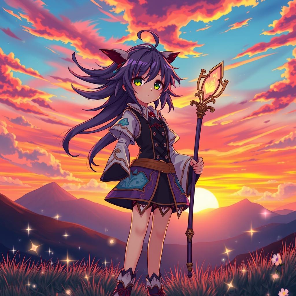 A vibrant anime-style character standing against a beautiful sunset background, with vivid colors reflecting in the sky