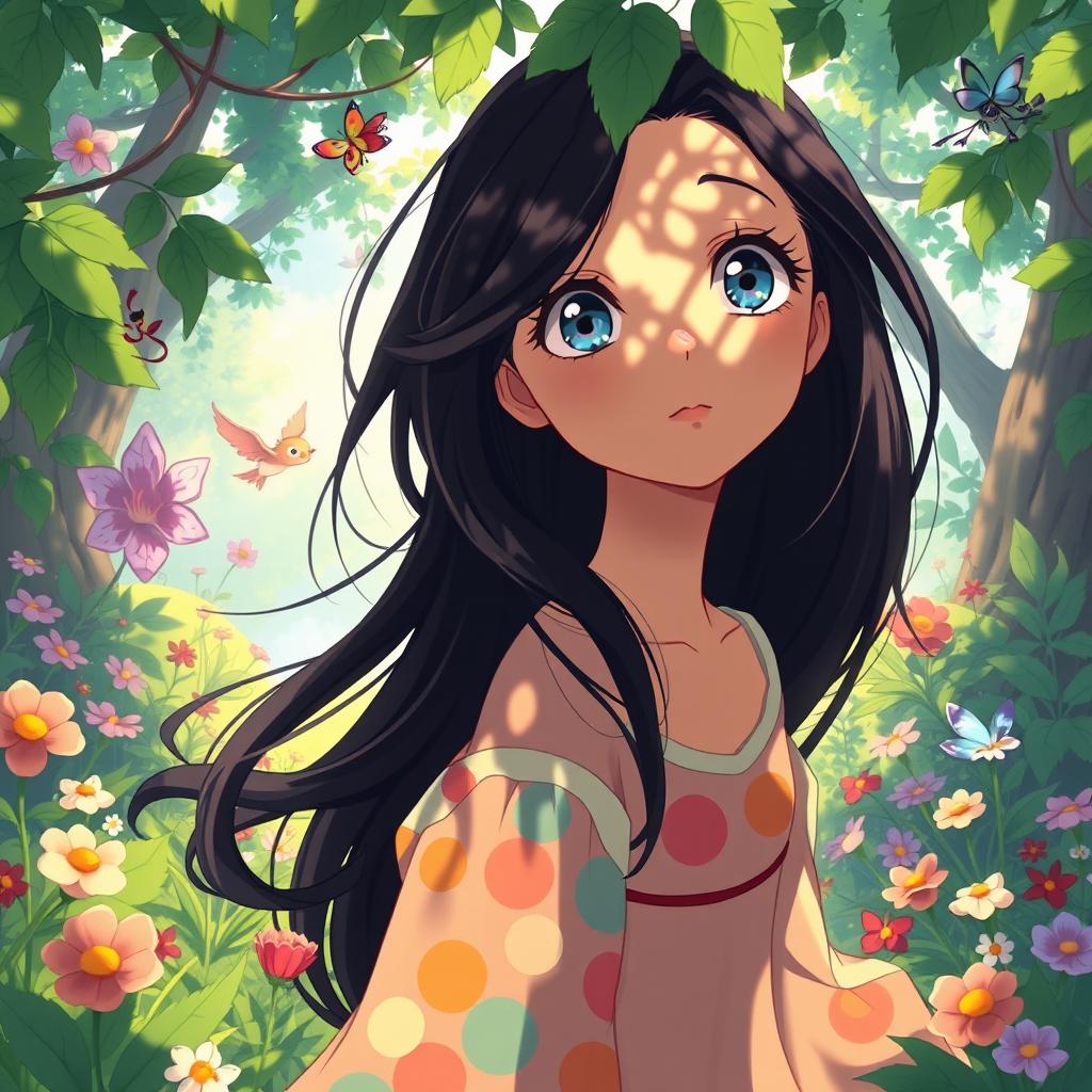 A beautifully illustrated character in Studio Ghibli style featuring a young woman with striking blue eyes and flowing black hair