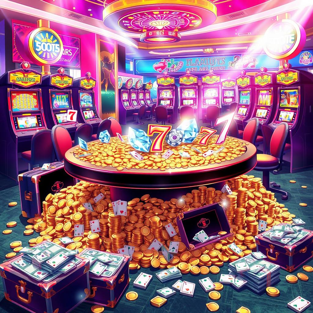 A vibrant anime-style illustration of a bustling casino scene centered around a lavish table overflowing with sparkling diamonds, bright number sevens, and colorful playing cards