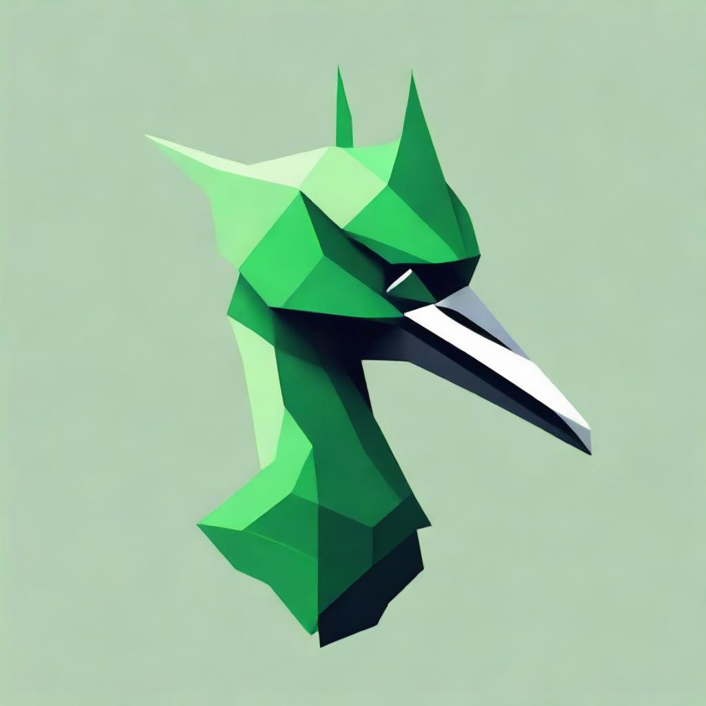 Generate a unique t-shirt design featuring a side view of a green crane's head, drawn using geometric shapes to portray fierceness and readiness for combat.