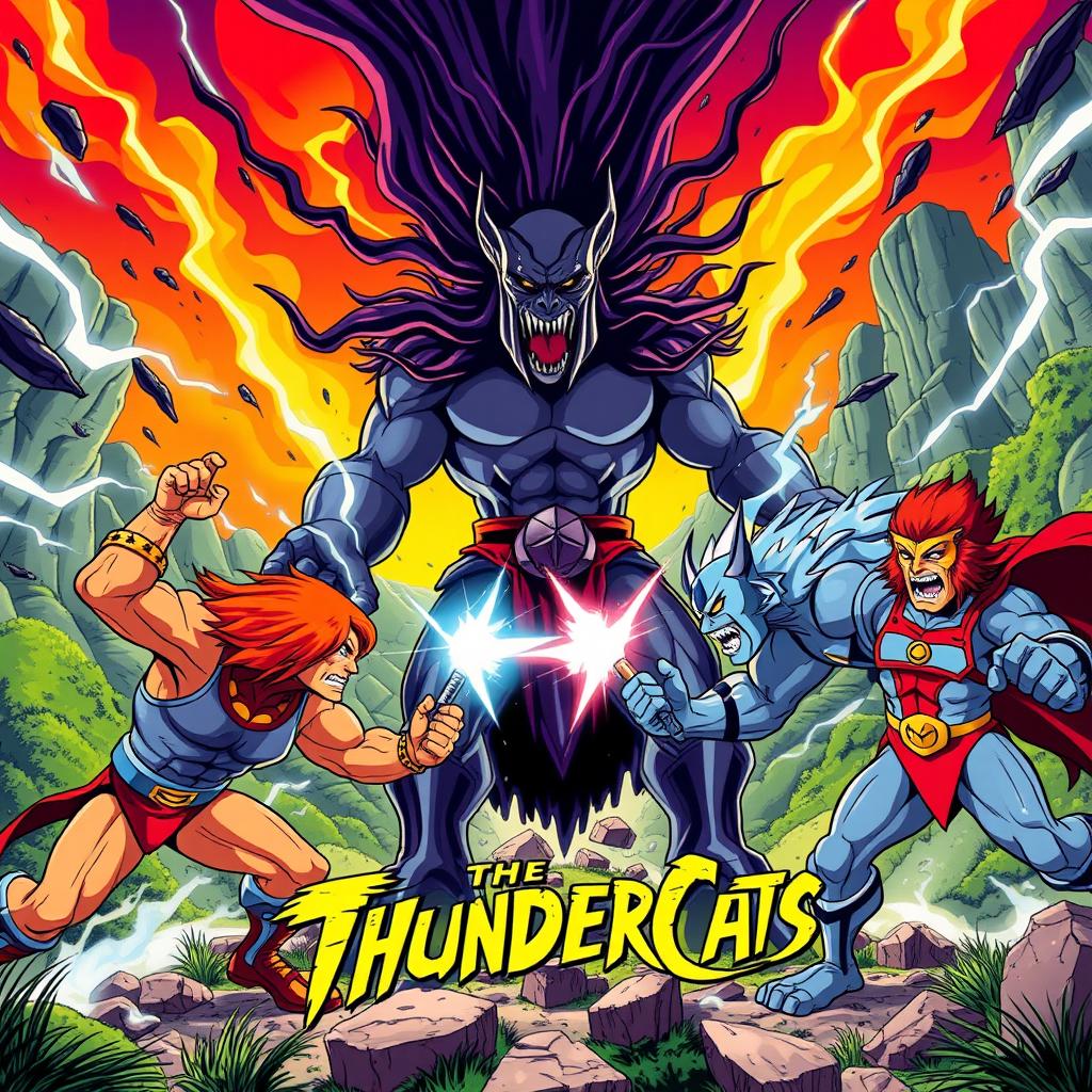 A fierce battle scene between the Thundercats and Mumm-Ra, in a vibrant, animated style inspired by classic 80s cartoons