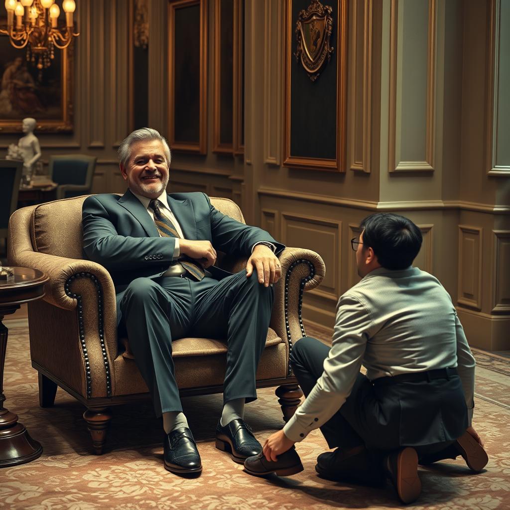 A hyper-realistic image of a confident, arrogant alpha male sitting comfortably with a smug expression as he enjoys the moment of superiority while a modest man kneels before him, polishing his shoes