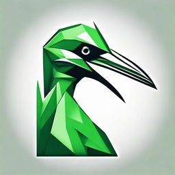 Generate a unique t-shirt design featuring a side view of a green crane's head, drawn using geometric shapes to portray fierceness and readiness for combat.