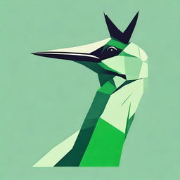 Generate a unique t-shirt design featuring a side view of a green crane's head, drawn using geometric shapes to portray fierceness and readiness for combat.