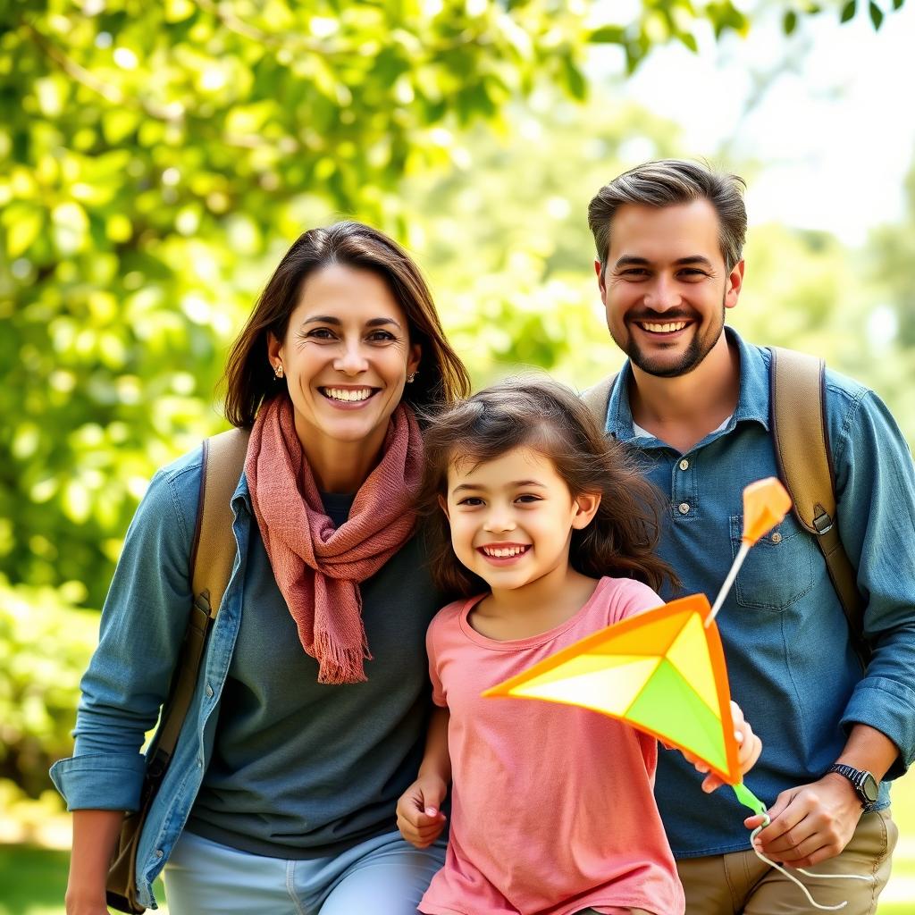 A realistic family portrait featuring a couple at age 35, smiling joyfully, with two children aged between 5 and 10 years old
