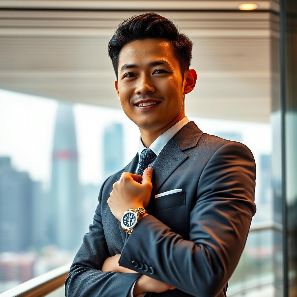 A confident 30-year-old Southeast Asian man, exuding an air of wealth and sophistication