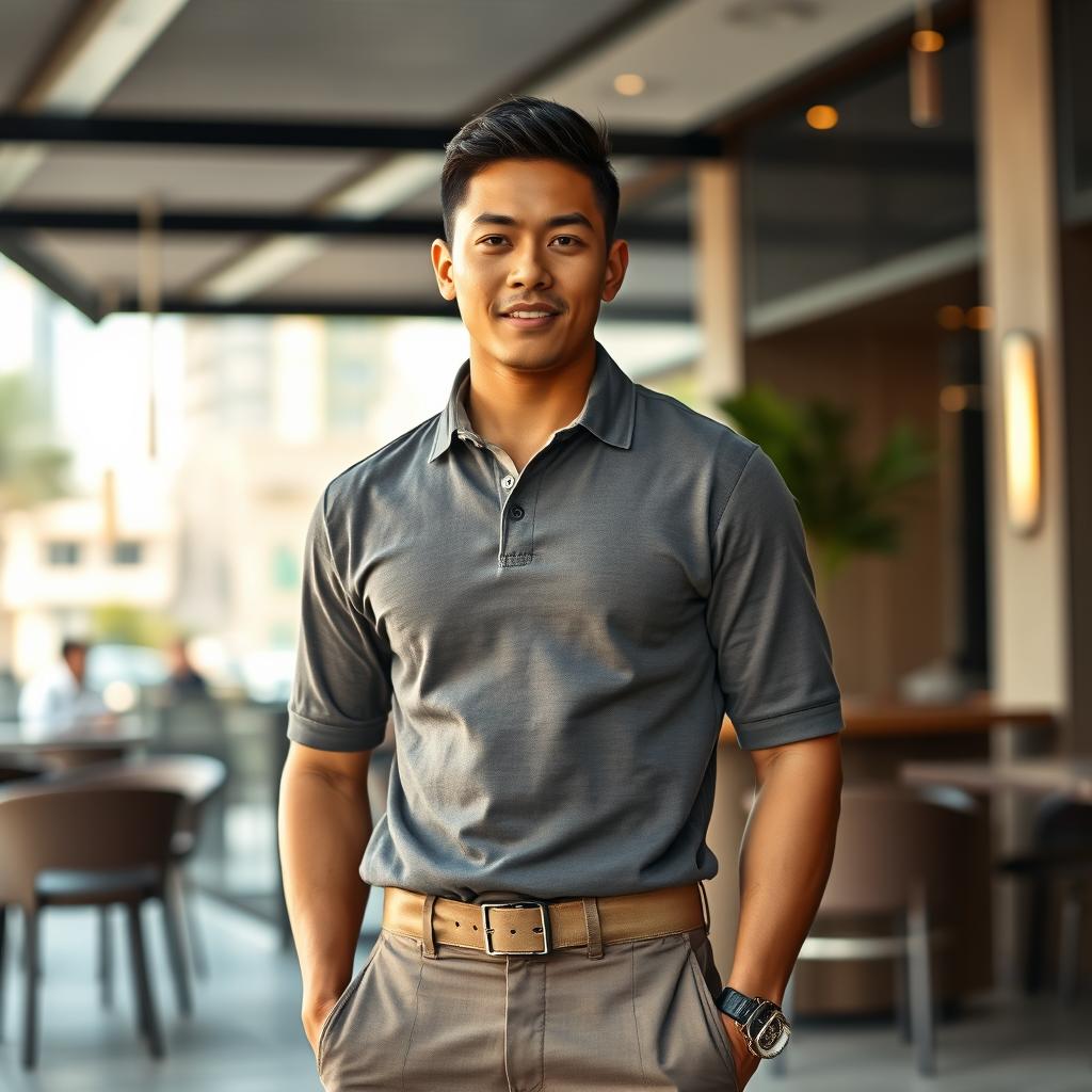 A stylish 30-year-old Southeast Asian man with a short haircut, embodying a casual yet affluent vibe