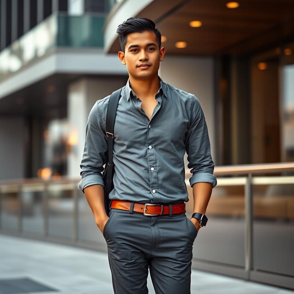 A stylish 30-year-old Southeast Asian man with a side skinhead haircut, demonstrating a polished yet casual rich vibe
